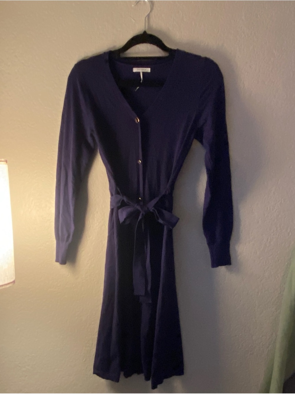 Women's V-Neck Navy Blue Tie-Waist Sweater Dress with gold buttons, EUC, Size M
